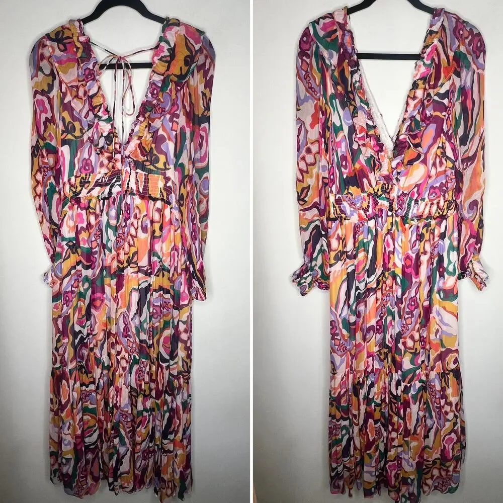 Anthropologie Ruffle Printed Maxi Dress Size 1X